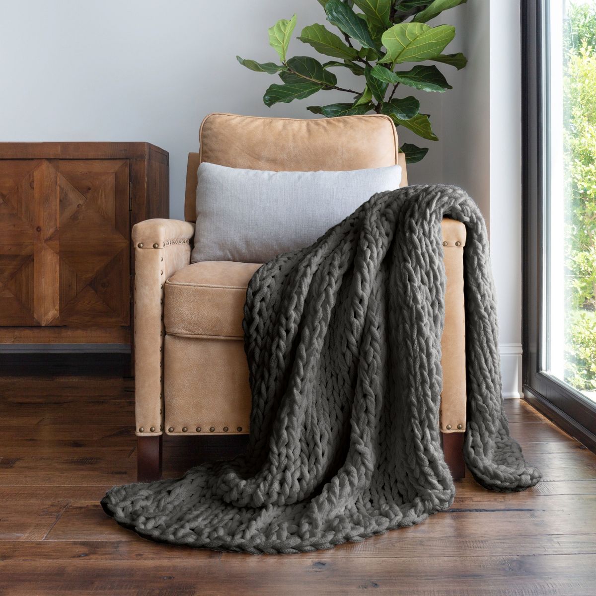 Chunky Knit Throw Blanket Braided, Soft & Cozy - Becky Cameron, Gray, Throw
