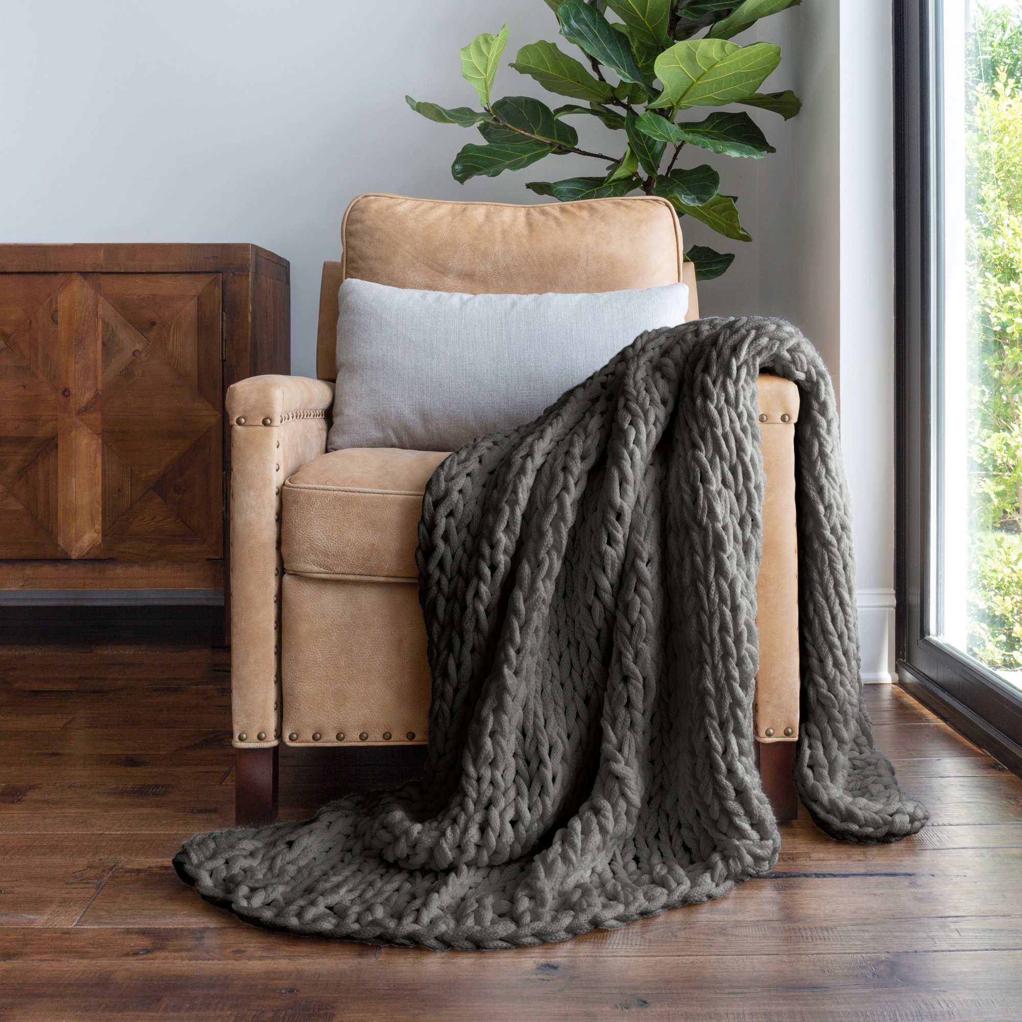 Chunky Knit Throw Blanket Braided, Soft & Cozy - Becky Cameron, Gray, Throw