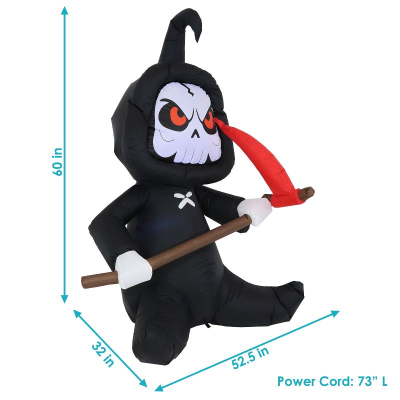 Sunnydaze 60" Self-Inflatable Holiday Grim Reaper with Scythe Outdoor Halloween Lawn Decoration with LED Lights, 3 of 13