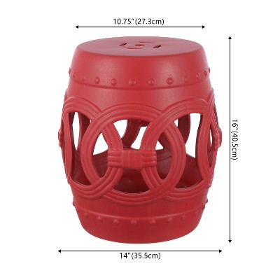 Matte Red 16" Ceramic Drum Garden Stool with Lucky Coin Symbols