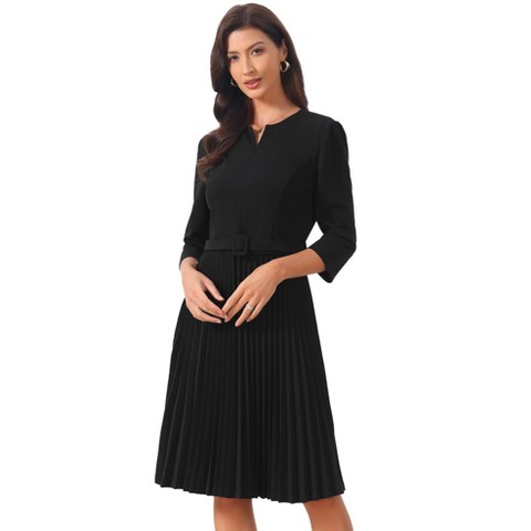 Женские платья INSPIRE CHIC Women's Pleated 3/4 Sleeve Split V Neck Belted Elegant Work A-Line Midi Dresses Large Black