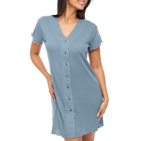 Adr Women's Short Sleeve Ribbed Knit Nightshirt, Button Up V-neck Sleepshirt,  Pajama Thermal Underwear Top Blue 2x Large : Target