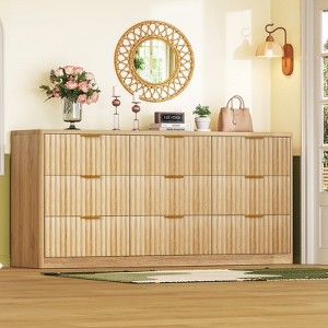 Usikey Fluted Dresser with 9 Drawers 63'' Wide Modern Dressers with Wood Chests of Drawers with Gold Handle & Natural Wood TV Dresser for Bedroom - 1 of 4