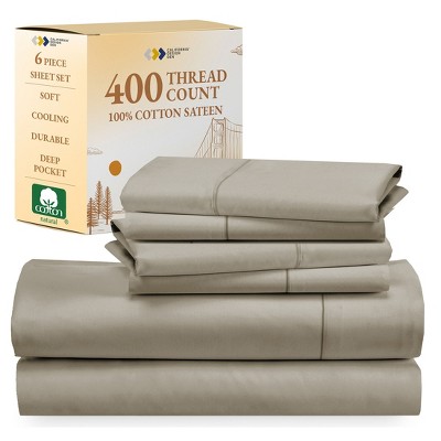 6 Piece Sheet Set with 4 Pillowcases - 400 Thread Count 100% Cotton Sateen - Deep Pocket by California Design Den