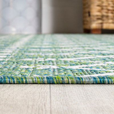 Green and Ivory Geometric Flat Woven Runner Rug