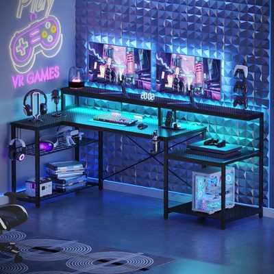 Bestier 71.5" W LED Gaming Desk with Power Outlet, L-Shaped Computer Desk with Monitor Stand