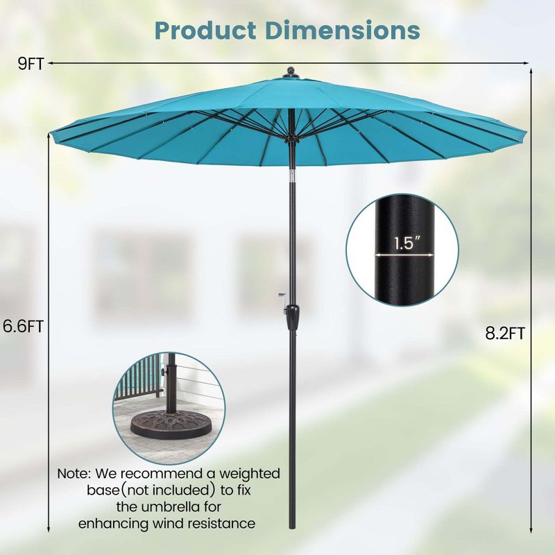 Costway 9 FT Patio Round Market Umbrella with Push Button Tilt, Crank Handle, Vented Top Tan/Navy/Wine/Turquoise, 3 of 11