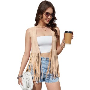 Clearlove Women's Tassel Sleeveless Vest 70s Hippie Faux Suede Fringe Jacket Cardigan - 1 of 4