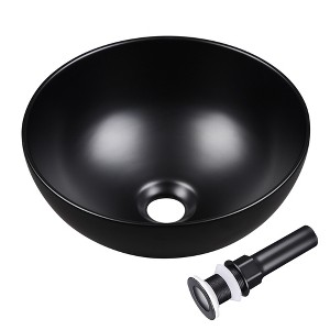 Aquaterior 12" Mini Bathroom Round Bowl Shaped Sink Countertop Ceramic Basin with Pop up Drain Black - 1 of 4