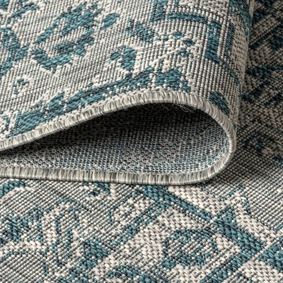 Bohemian Medallion Gray and Teal 9'x12' Indoor/Outdoor Flatweave Rug