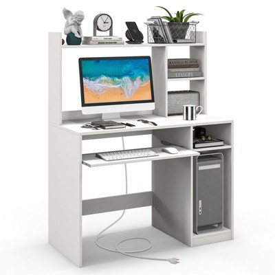 Tangkula Computer Desk w/ Charging Station 43.5” Gaming Table Workstation w/ Keyboard Tray CPU Stand & Storage Shelves White/Black