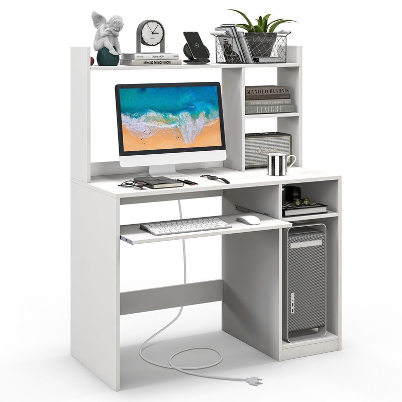 Tangkula Computer Desk w/ Charging Station 43.5” Gaming Table Workstation w/ Keyboard Tray CPU Stand & Storage Shelves White/Black, 1 of 11