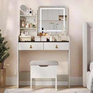 Vanity Desk with LED Light Mirror and Charging Station,Small Makeup Vanities Set with 2 Drawers,Vanity for Girls Women with Storage Stool - 1 of 4