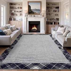 EcoSummer 96"x120" Bordered Area Rug for Living Room, Machine Washable Rugs Low Pile Non-Slip Stain-Resistant Carpet Plaid Farmhouse Grey Area Carpet - 1 of 4