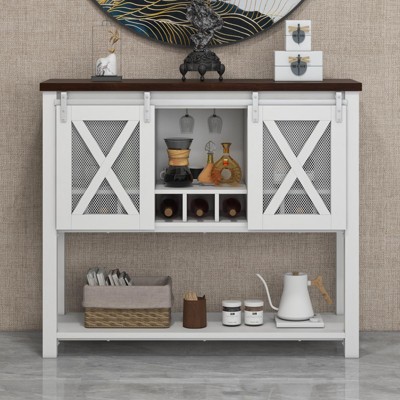homfan Coffee Bar Sideboard Cabinet Storage with Wine Rack and Glass Holder, Console Table with Sliding Barn Doors, for Living Room, Dining Room