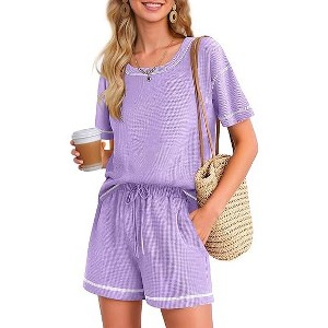 Ekouaer Women's Waffle Knit Two Piece Lounge Set, Soft Matching Outfits for Daily Wear, Casual Shorts Set with Pocket - 1 of 4