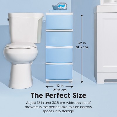 Slim White and Blue Plastic 4-Drawer Storage Cart