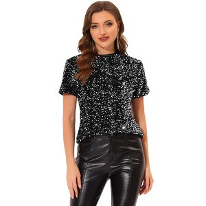 INSPIRE CHIC Women's Sequin Velvet Crew Neck Short Sleeve T-shirt - 1 of 4