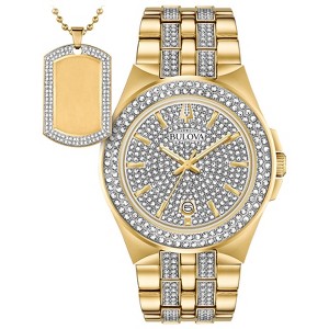 Bulova Men's Crystal Accent Gold-Tone Stainless Steel Watch and Dog Tag Crystal Accent Pendant Box Set - 1 of 4