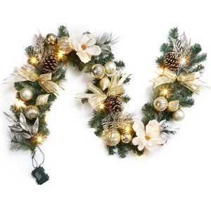 6 Ft Pre-Lit Christmas Garland, Battery Operated Xmas Garland with 20 Lights, Ball Ornaments Ribbons Bows for Mantel Centerpiece Decor, Gold/White - 1 of 4