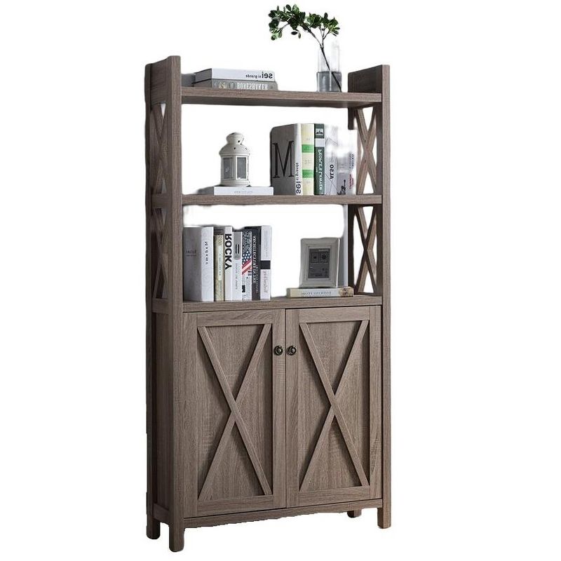 FC Design Wooden Display Bookshelf with Three Top Shelves and Storage Cabinet with Three Interior Shelves in Dark Taupe Finish, 4 of 5