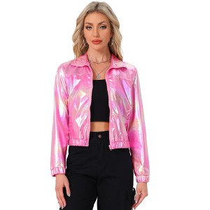 INSPIRE CHIC Women's Holographic Shiny Long Sleeve Metallic Zip Front Track Jacket - 1 of 4
