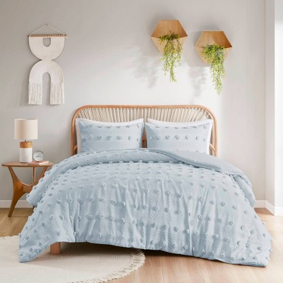 Blue Clip Jacquard Twin/Twin XL Duvet Cover Set with Pompom Accents
