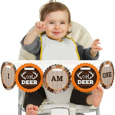 Big Dot of Happiness Gone Hunting 1st Birthday Highchair Decor - I Am One - First Birthday High Chair Banner