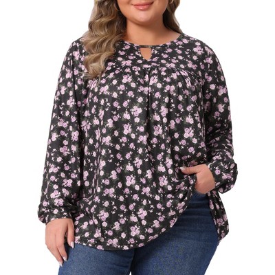Agnes Orinda Women's Plus Size Keyhole Floral Pleated Long Sleeve Flowy Casual Tunic Blouse
