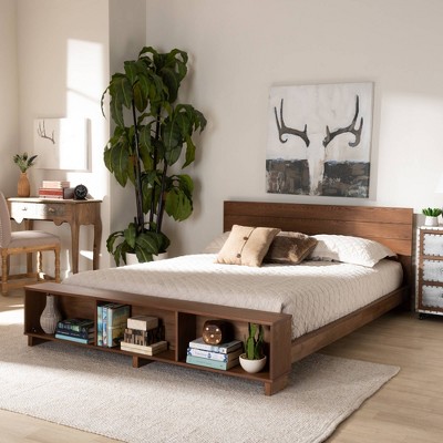 Ash Walnut Queen Storage Bed with Built-In Shelves and Paneled Headboard