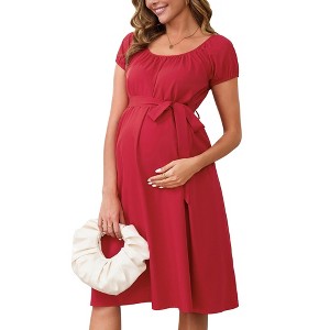 INSPIRE CHIC Women's Maternity Dress Boho Pleated Midi Tie Waist Belted Baby Shower Short Sleeve Babydoll Pregnancy Photoshoot - 1 of 4