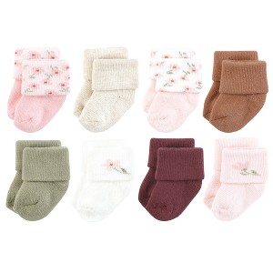 Hudson Baby Infant Girl Cotton Rich Newborn and Terry Socks, Pink Dainty Floral - 1 of 4