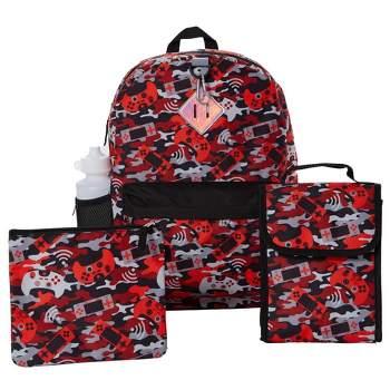 RALME Red Camo Gaming Backpack Set for Boys & Girls, 16 inch, 6 Pieces - Includes Foldable Lunch Bag, Water Bottle, Key Chain, & Pencil Case