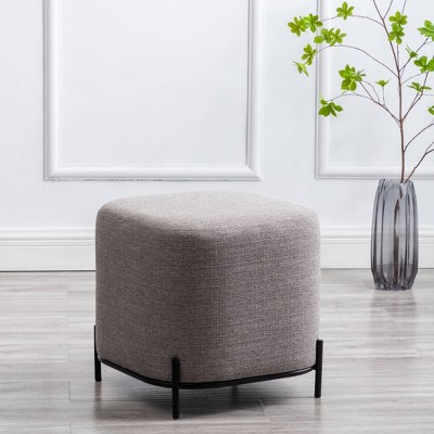 Gray Basketweave Upholstered Ottoman with Black Metal Base