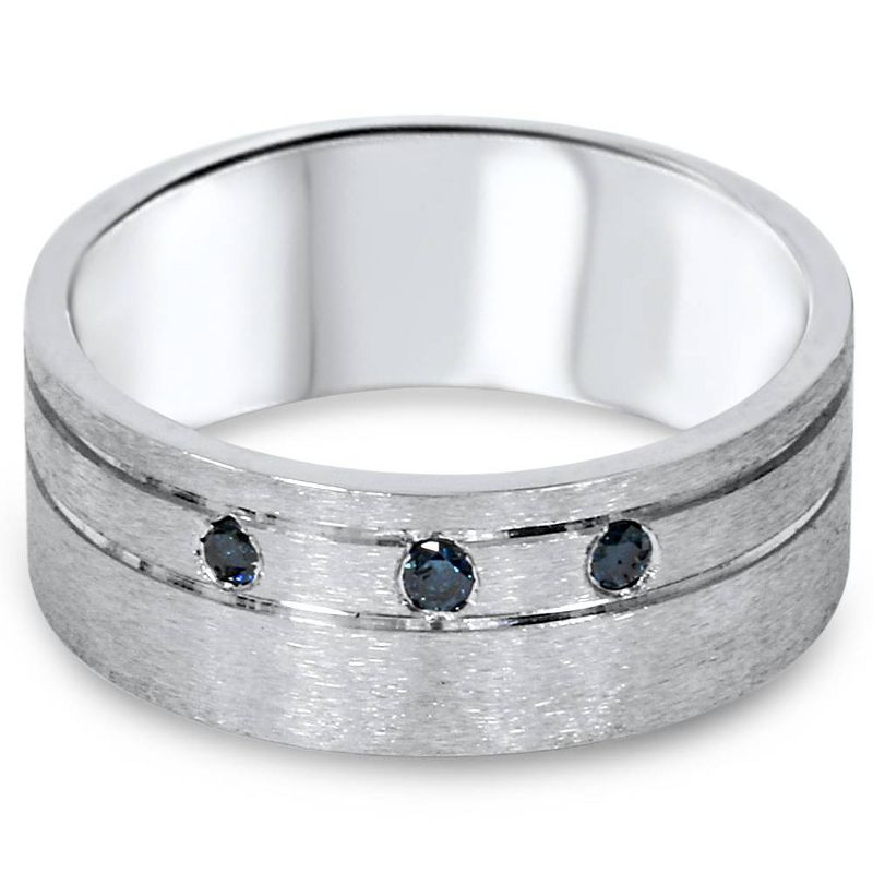 Pompeii3 1/10ct Mens Blue Diamond Comfort Fit Brushed Wedding Band 10K White Gold, 3 of 5