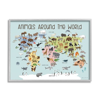 Stupell Industries Animals Around The World Map Framed Giclee Art, 24 x 30