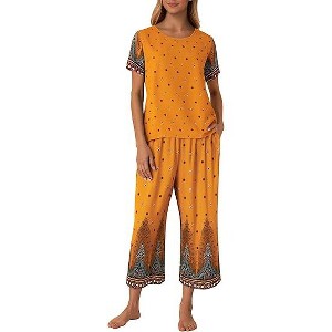 Ekouaer 2 Piece Women's Short Sleeve Capri Lounge Set Soft Mumu Pajama Sets with Pockets Loose Sleepwear Lightweight Homewear - 1 of 4