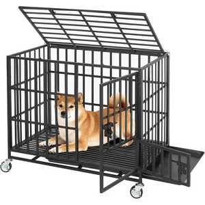 36 Inch Heavy Duty Dog Crate with 3 Doors, Escape-Proof Metal Kennel with Wheels & Removable Tray, Large Dog Cage for Medium & Large Dogs, Black - 1 of 4