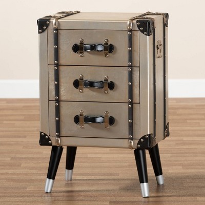 Vintage Industrial Antique Silver 3-Drawer Nightstand with Rivet Details
