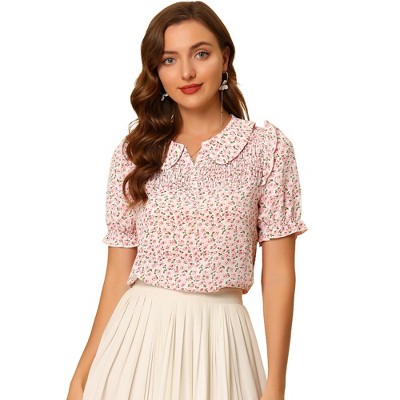 INSPIRE CHIC Women's Peter Pan Collar Smocked Puff Short Sleeve Ruffle Floral Blouse