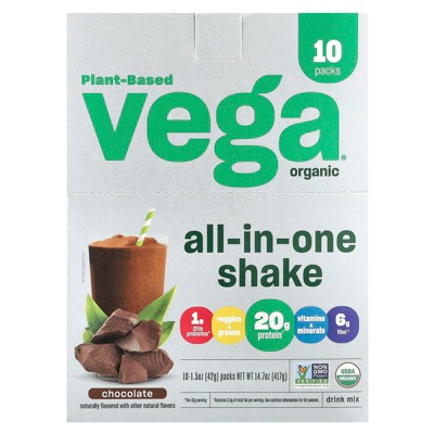 Vega Plant-Based Organic All-In-One Shake, Chocolate, 10 Packs, 1.5 oz (42 g) Each