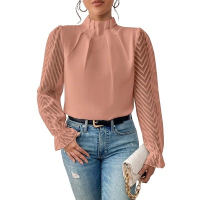 Womens Long Sleeve Shirts Pleated Lace Tops Mock Neck Business Casual Tunic Chiffon Blouses