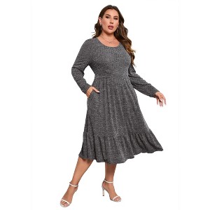 Plus Size Women's Ribbed Knit Maxi Dress - High Waist, Side Pockets, Round Neck Long Ankle-Length Dress - 1 of 4