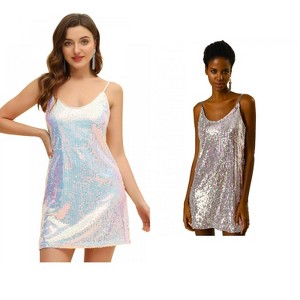 Allegra K Women's Glitter Sequin Spaghetti Strap V Neck Cocktail Sparkly Mini Dress 2 Packs - 1 of 4