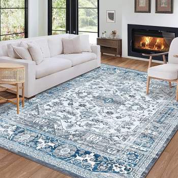 Washable Rug Vintage Bohemian Medallion Area Rugs with Non-Slip Backing Non-Shedding Floor Mat, 5' x 7' Blue Gray