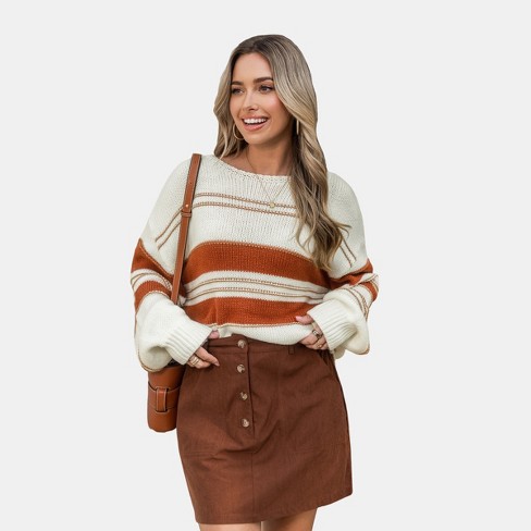 Women's Striped Beige & Burnt Orange Balloon Sleeve Knit Sweater - Cupshe - image 1 of 4