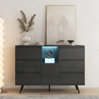 Black Dresser for Bedroom, 6 Drawer Dresser with LED Lights and 1 Cubby, Bedroom Dresser Furniture, Modern Wood Dressers & Chests of Drawers