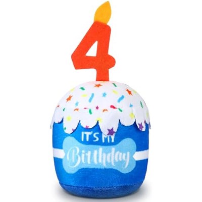 Dog 4th Birthday Cake Toy Accessories for Girl Boy Gifts, Blue Squeaky Plush Toy for Dog Birthday Party Decor Favor for Large, Medium and Small Dogs