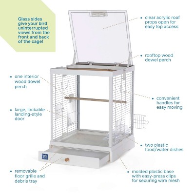 White Coated Metal Glass Bird Cage with Frosted Acrylic Roof