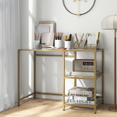 Gold Metal and Glass Console Table with Storage Shelves